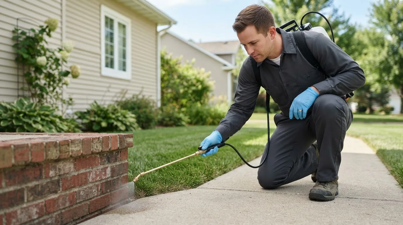Pest control technician treating a home near Saxe, VA